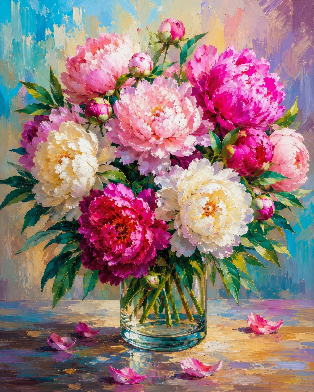 Peony bouquet diamond painting kit featuring pink, magenta, and white peonies in a glass vase