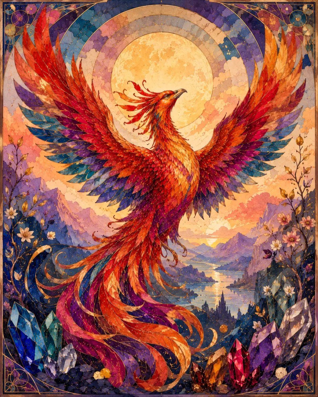 Phoenix rising diamond painting kit featuring a blazing firebird over mountains in stained-glass style