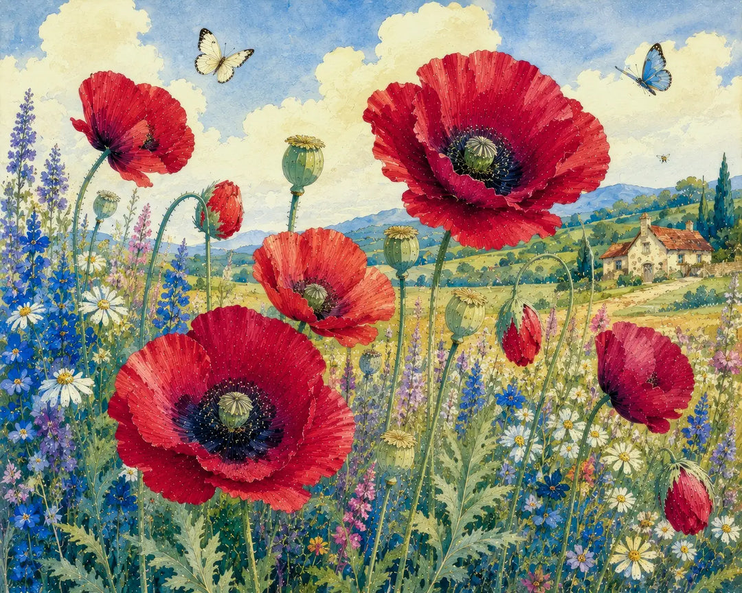 Poppy field diamond painting kit featuring red poppies and wildflowers with a cottage and butterflies