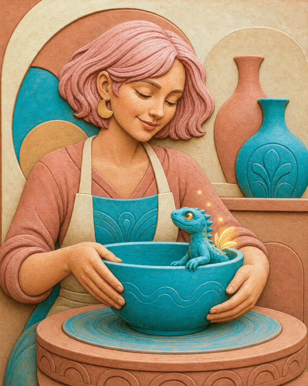 Something Small Is Growing diamond painting kit - potter smiling at a tiny dragon in her clay bowl