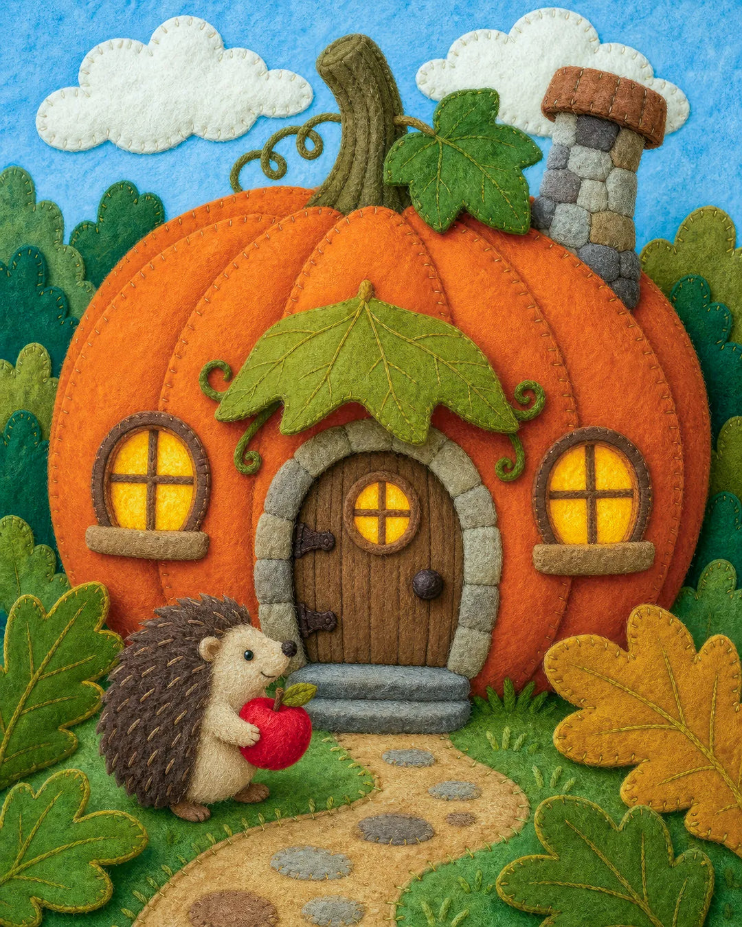 A Humble Harvest diamond painting kit - hedgehog carrying an apple to a felt-craft pumpkin cottage