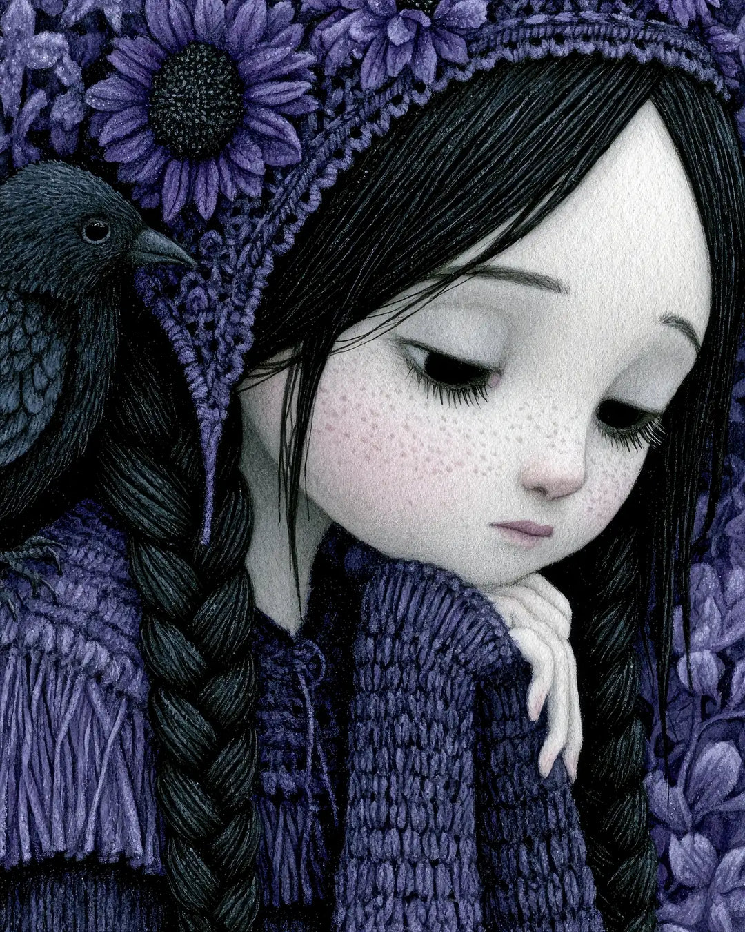 Quiet Sorrow diamond painting kit featuring a dark-haired girl with a raven among deep purple flowers