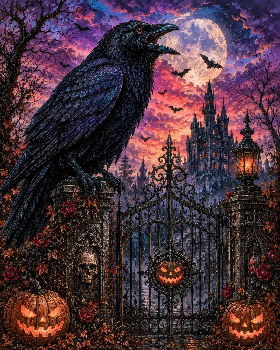 Raven at the Gate diamond painting kit - raven perched on a gothic iron gate under a full moon