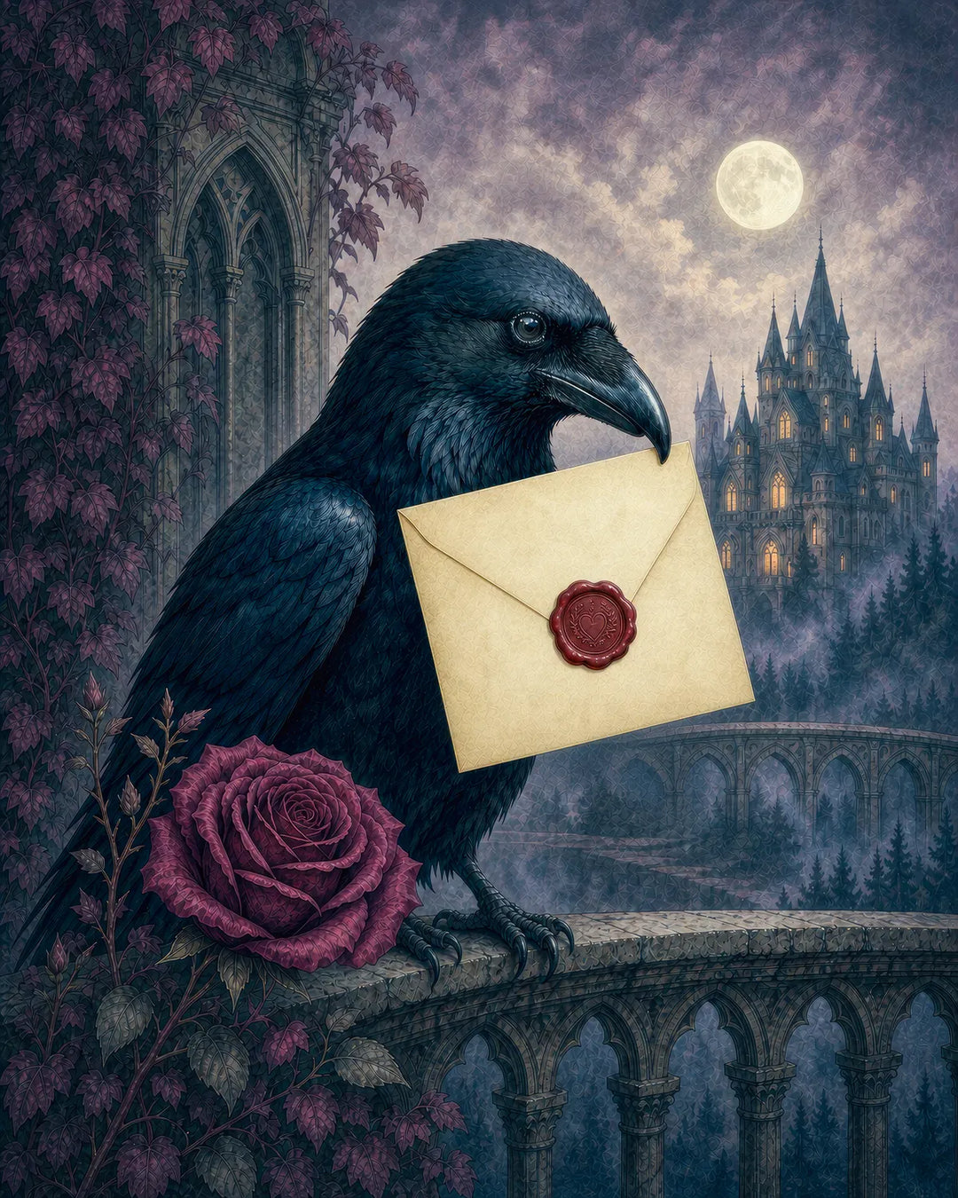 A Letter Long Awaited diamond painting kit - raven carrying a wax-sealed love letter beside roses and a moonlit castle