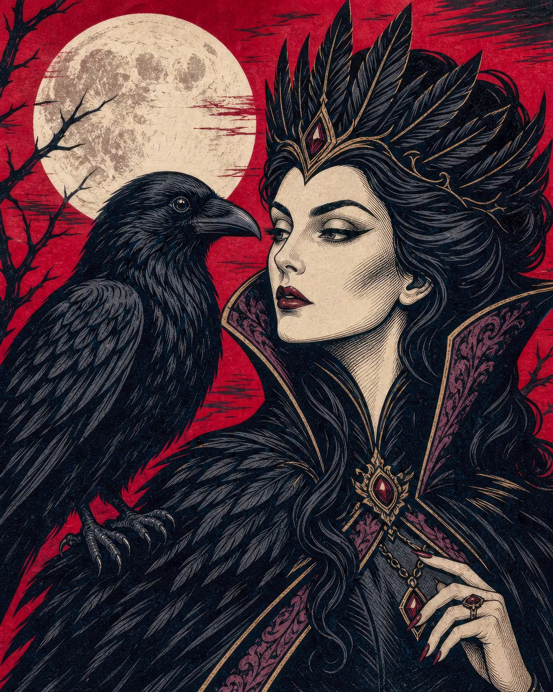 The Raven Queen's Gaze diamond painting kit - dark queen and raven beneath a red moon