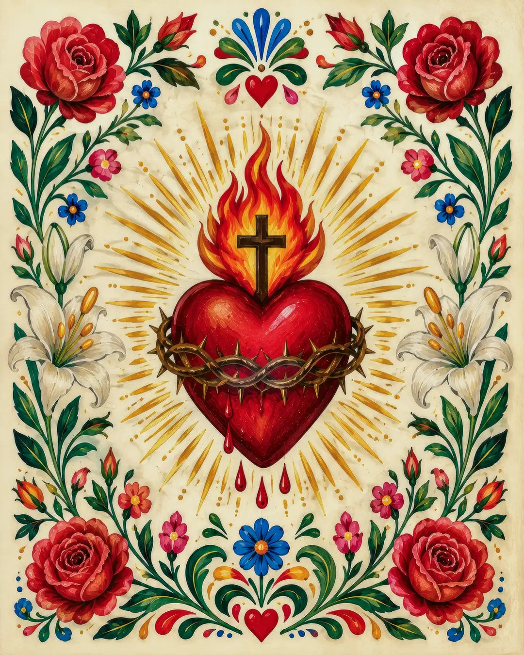 Sacred Heart diamond painting kit featuring a flaming heart with cross among folk-art roses and lilies