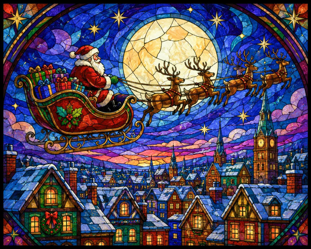 Starlight Sleigh Ride diamond painting kit - stained glass style Santa&