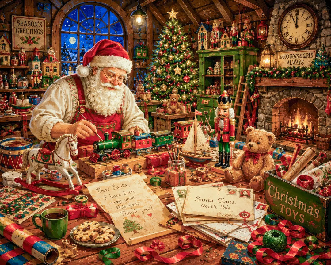 Santa's Workshop diamond painting kit - Santa hand-painting wooden toys surrounded by holiday decorations