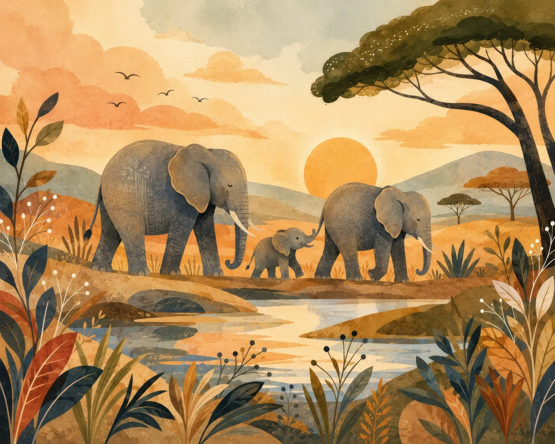 Savanna elephants diamond painting kit featuring an elephant family by a watering hole at sunset in warm folk-art style
