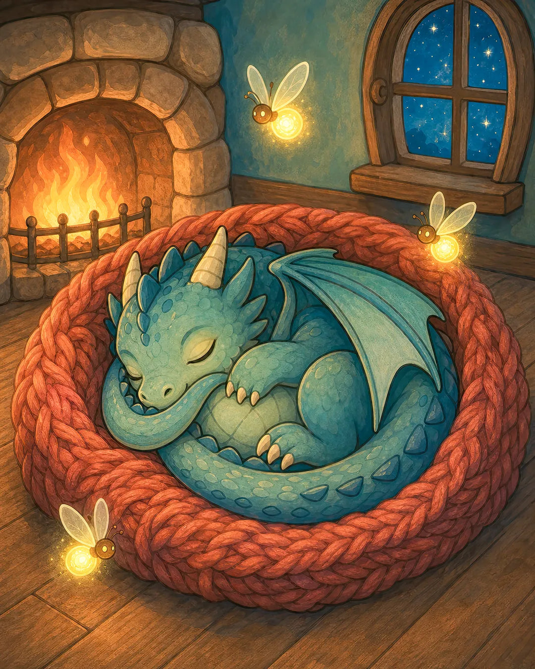 Dreaming by the Hearth diamond painting kit - sleepy baby dragon curled in a woven basket by the fire