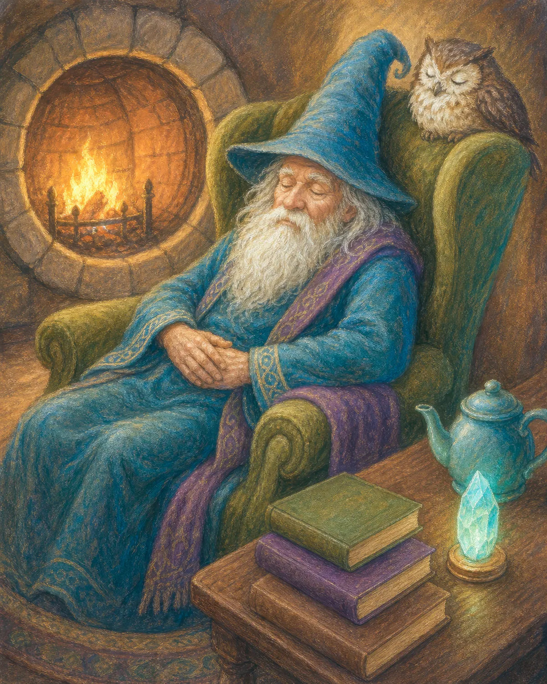 An Old Wizard's Rest diamond painting kit - elderly wizard sleeping fireside with an owl companion
