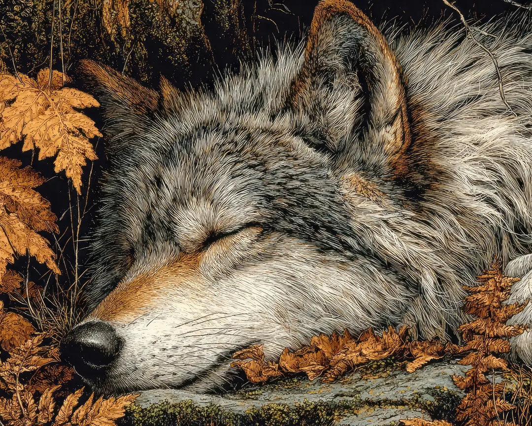 Sleeping wolf diamond painting kit featuring a wolf resting among golden autumn leaves
