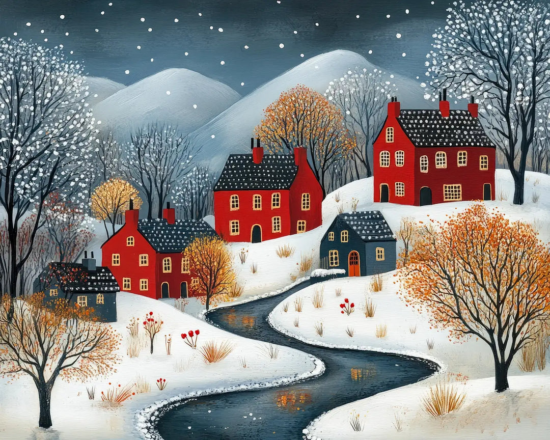 Snowy village diamond painting kit featuring red and slate cottages on a snowy hillside with a stream