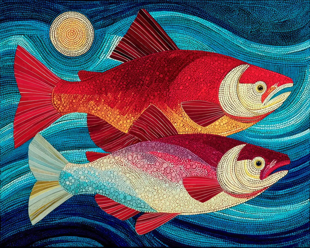 Sockeye run diamond painting kit featuring two red salmon in swirling blue water in mosaic dot-art style