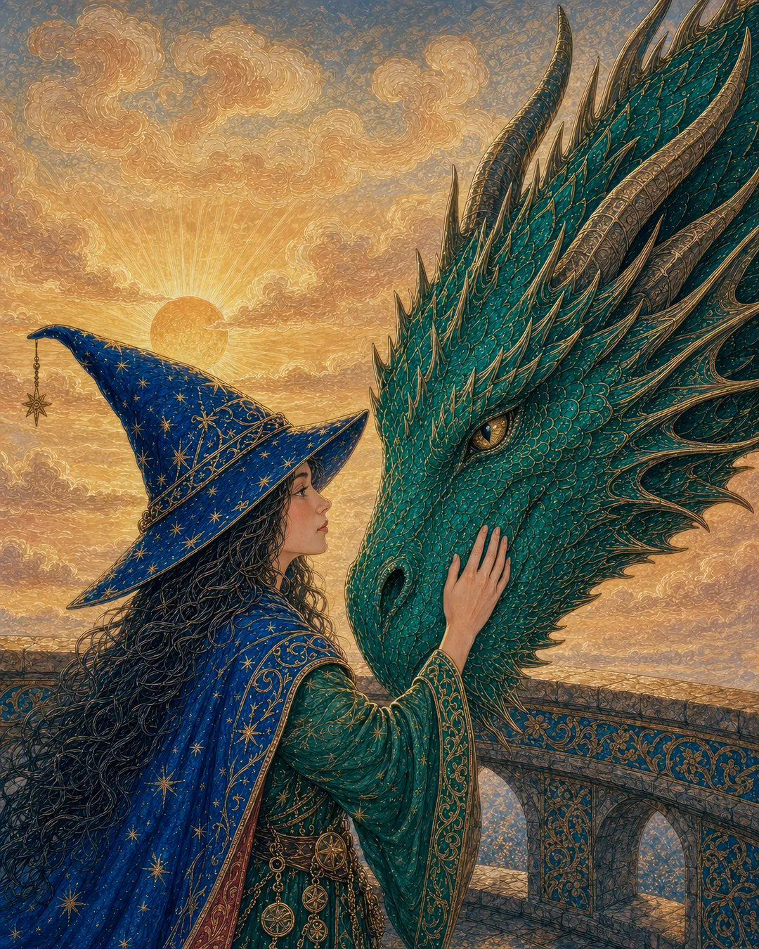 Bound by Trust diamond painting kit - sorceress resting her hand on an emerald dragon at sunrise