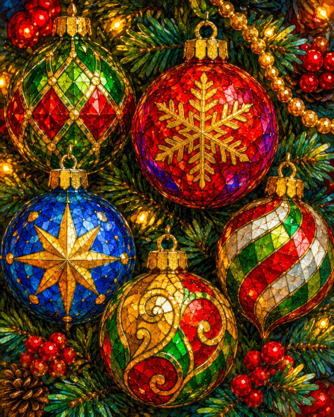 Stained Glass Ornaments diamond painting kit - close-up of jewel-toned Christmas baubles in stained glass style