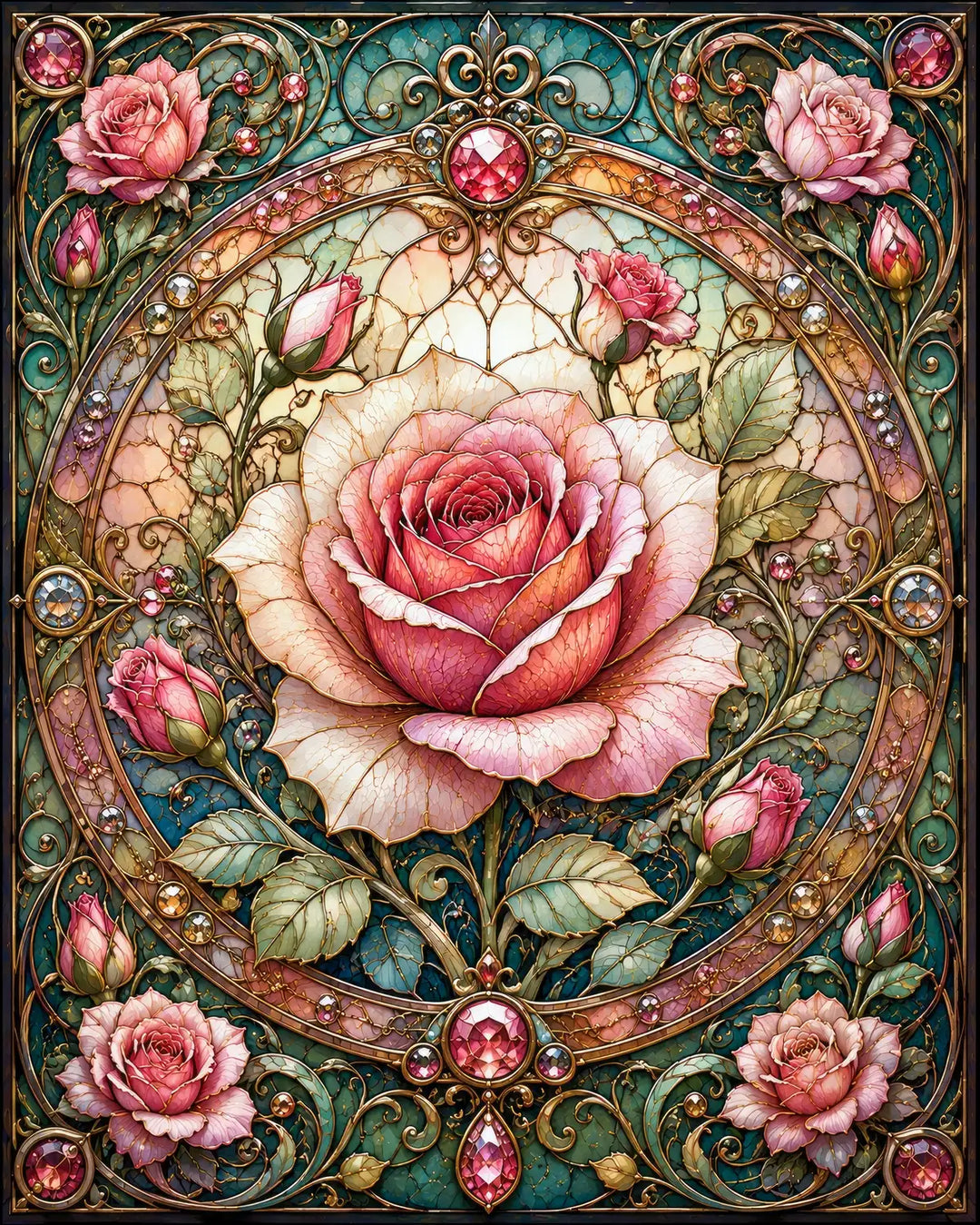 Stained glass rose diamond painting kit featuring a pink rose in an ornate jeweled Art Nouveau frame