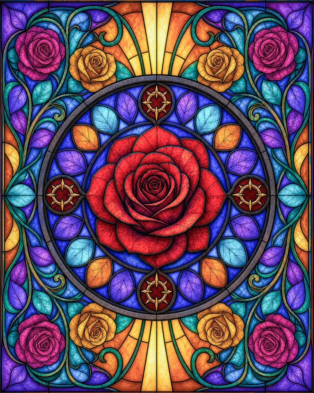 Rose Window diamond painting kit - stained glass rose mandala with golden sunburst rays