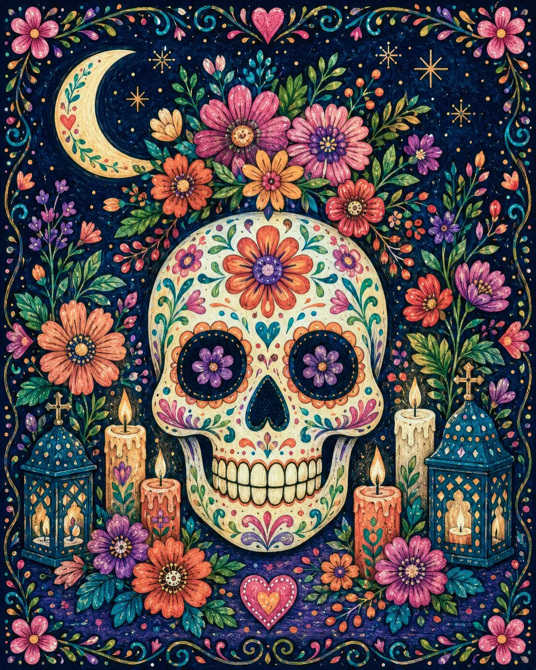 Moonlit Calavera diamond painting kit - ornate floral sugar skull with candles under a crescent moon