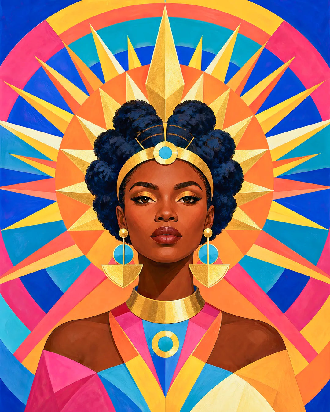Daughter of the Sun diamond painting kit - woman crowned in a bold geometric sunburst