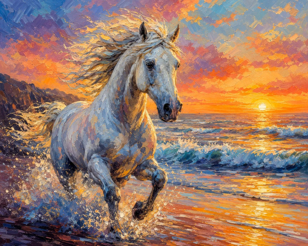 Sunset horse diamond painting kit featuring a white horse galloping through ocean surf at sunset in textured oil-painting style