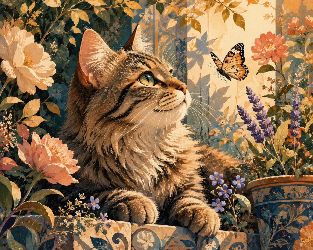 Tabby cat and butterfly diamond painting kit with a cat watching a monarch butterfly among peonies and lavender