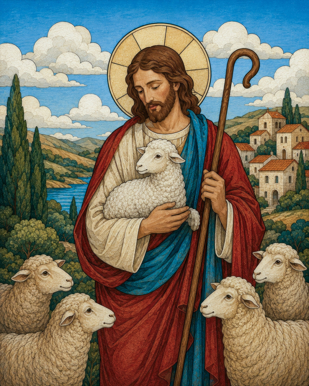 The Good Shepherd diamond painting kit showing Jesus holding a lamb among his flock in stained-glass style