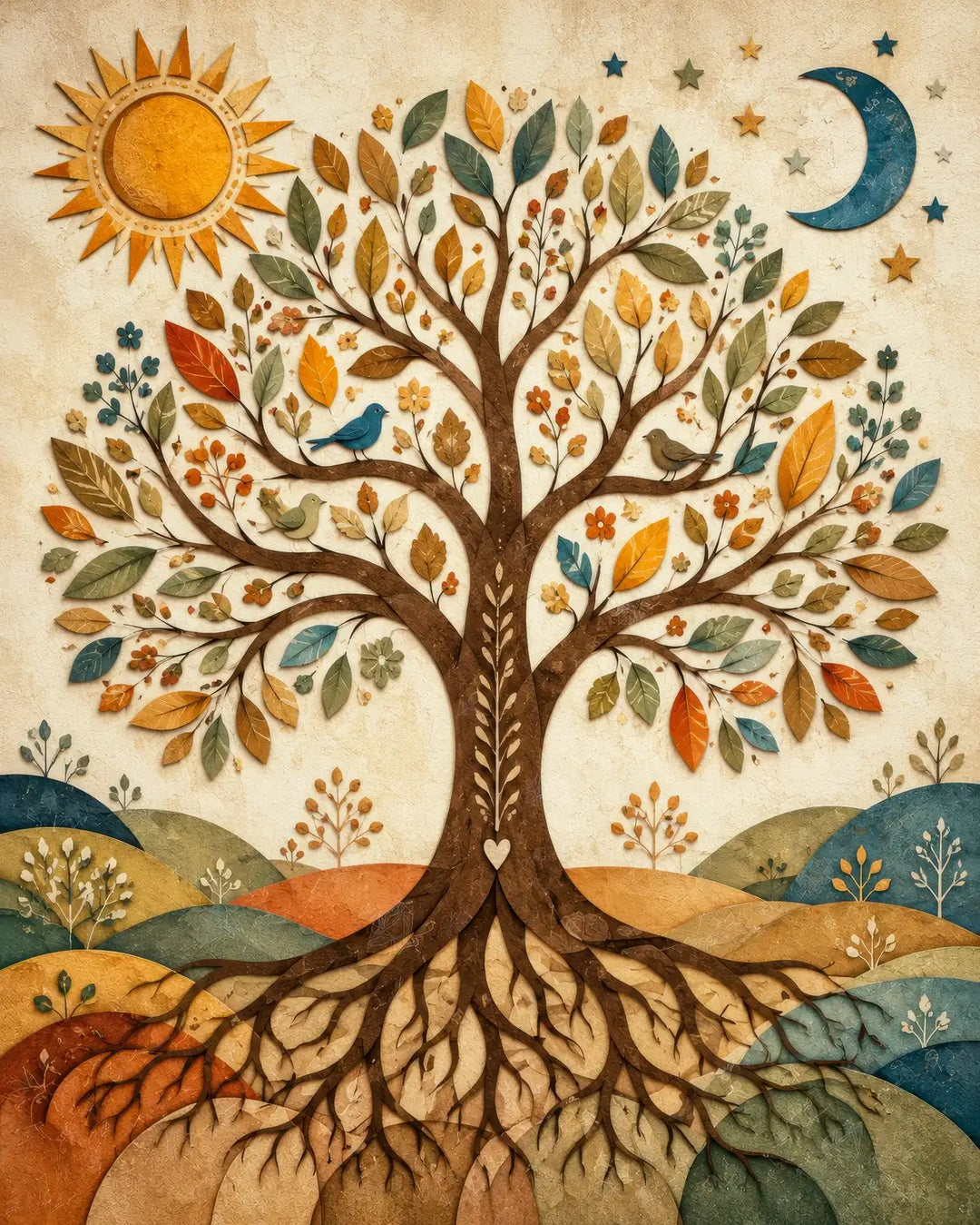 Tree of Life diamond painting kit featuring a folk-art tree with birds and blossoms between sun and moon
