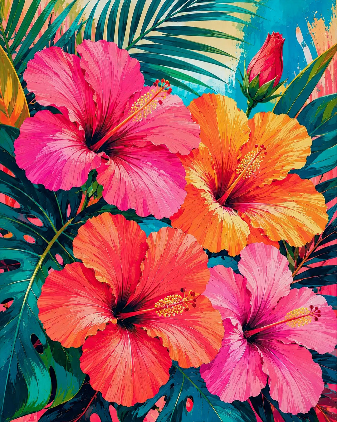 Tropical hibiscus diamond painting kit featuring bold pink and orange blooms among palm leaves