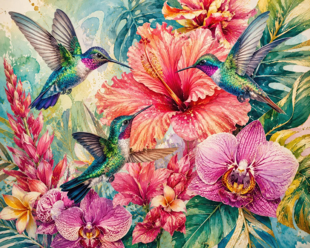 Tropical hummingbirds diamond painting kit featuring three iridescent hummingbirds among hibiscus and orchids