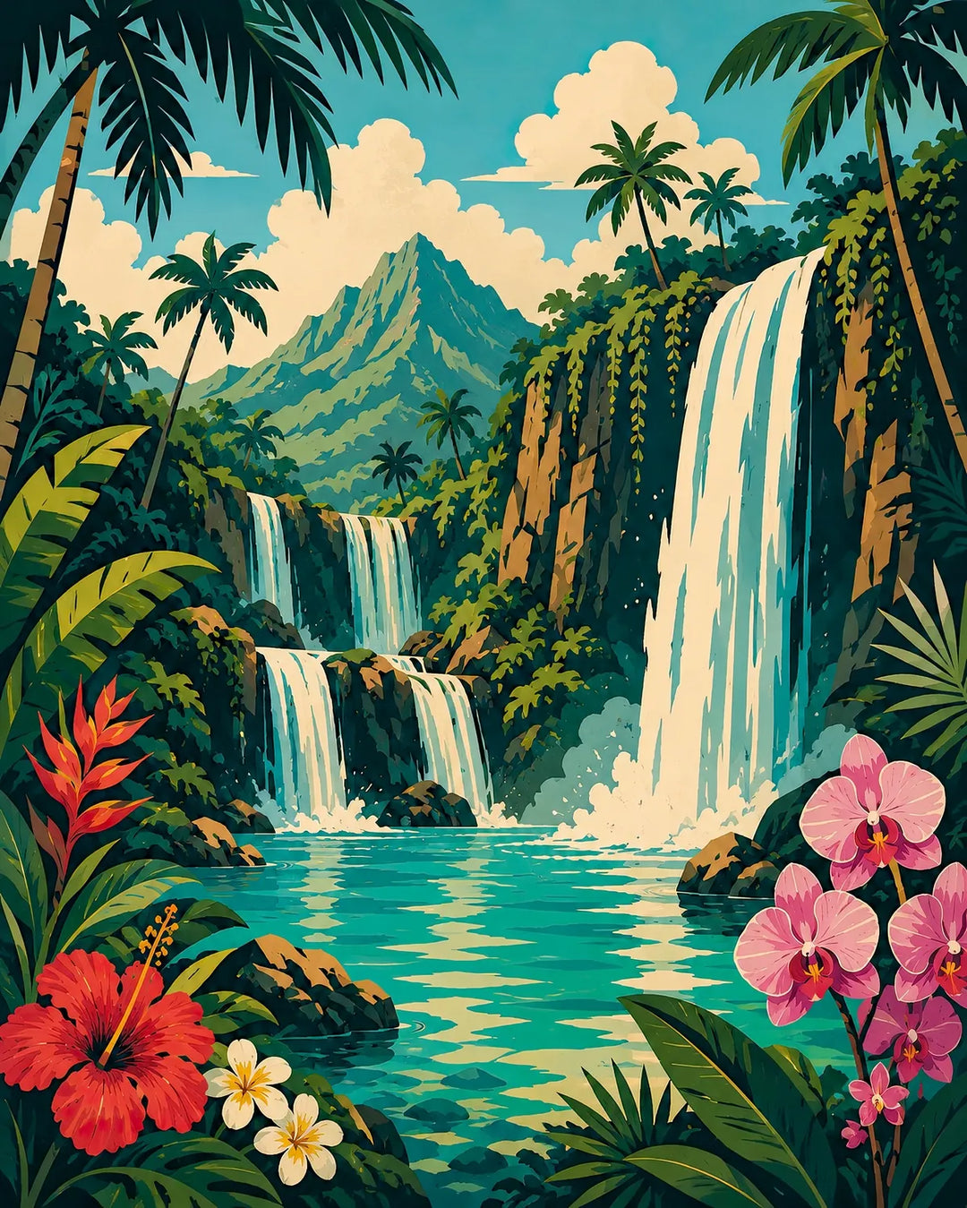 Tropical waterfall diamond painting kit featuring cascading falls, palms, and a turquoise lagoon with tropical flowers