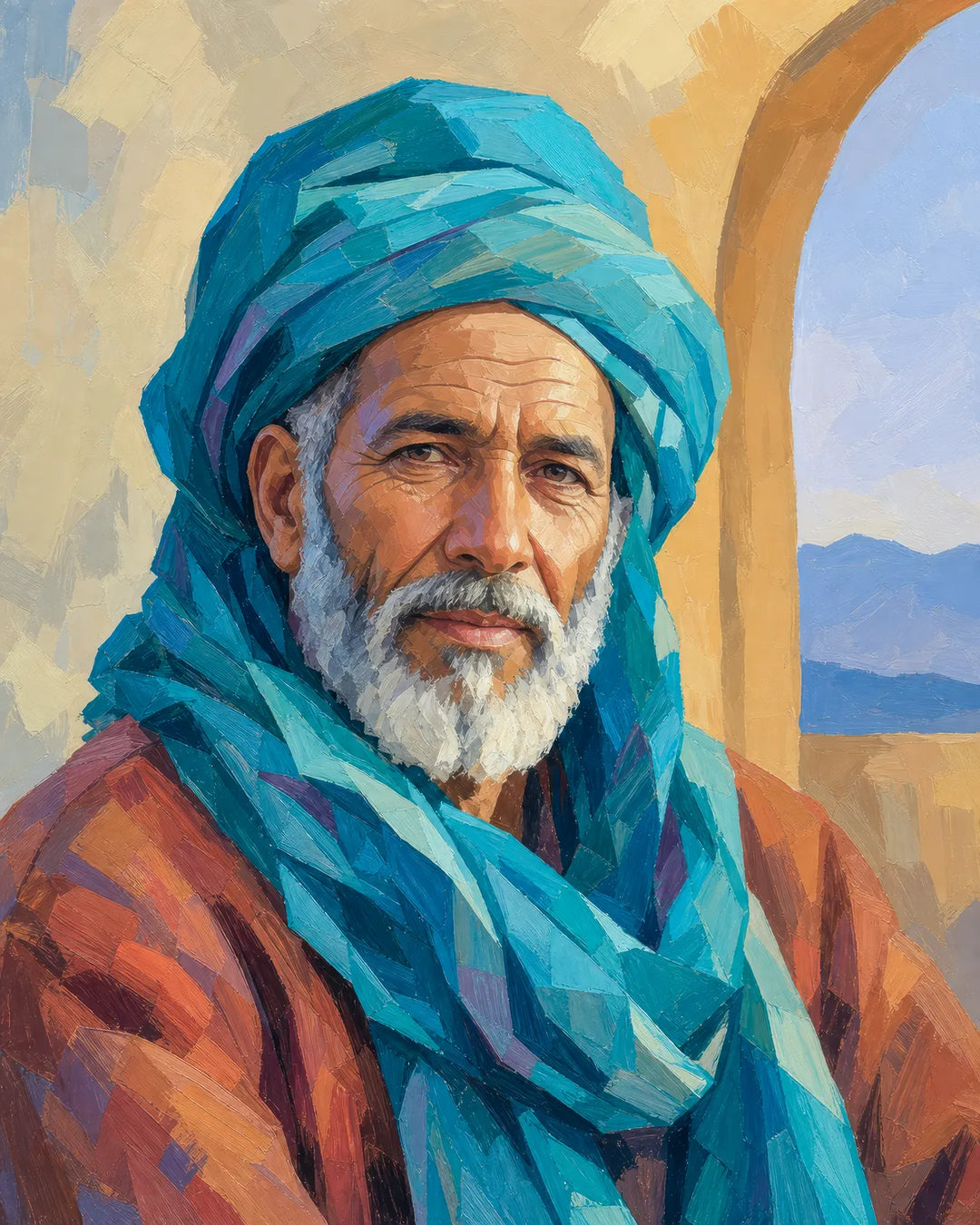 Keeper of Desert Tales diamond painting kit - elder in a vivid turquoise turban