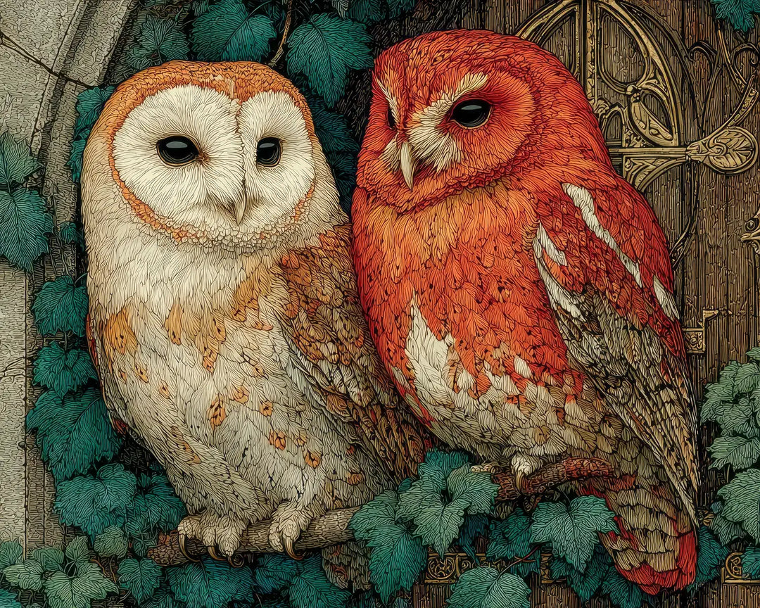 Two owls diamond painting kit featuring a cream barn owl and a red owl among ivy and vintage scrollwork