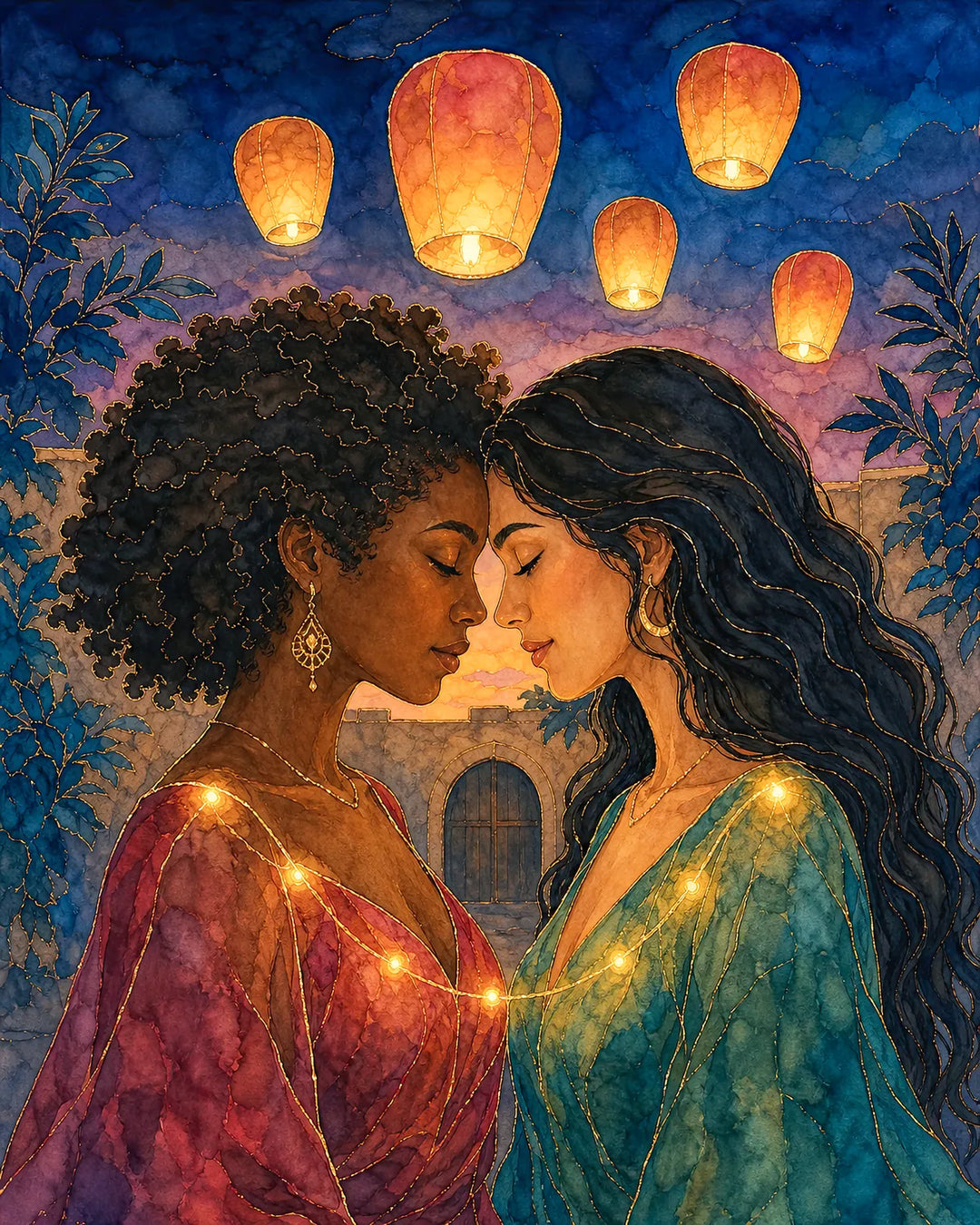 Two Hearts, One Sky diamond painting kit - two women forehead to forehead beneath floating paper lanterns