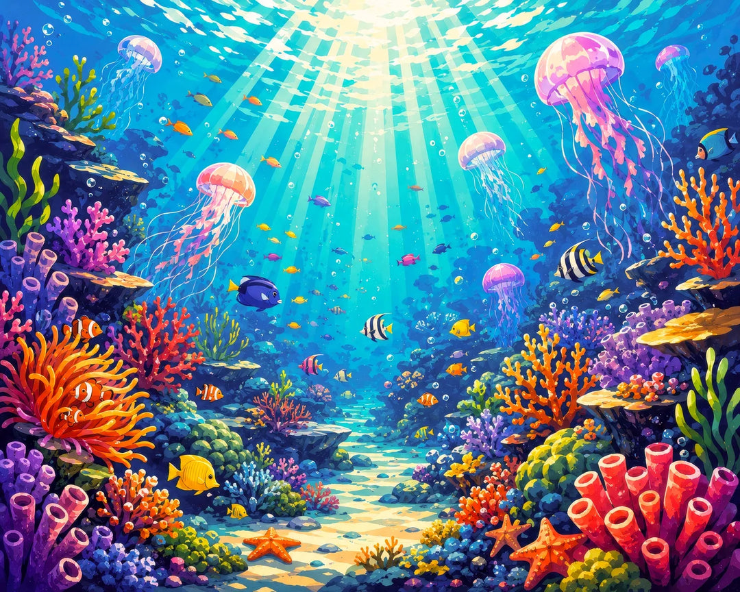 Underwater reef diamond painting kit featuring glowing jellyfish, coral, and tropical fish in a sunlit sea
