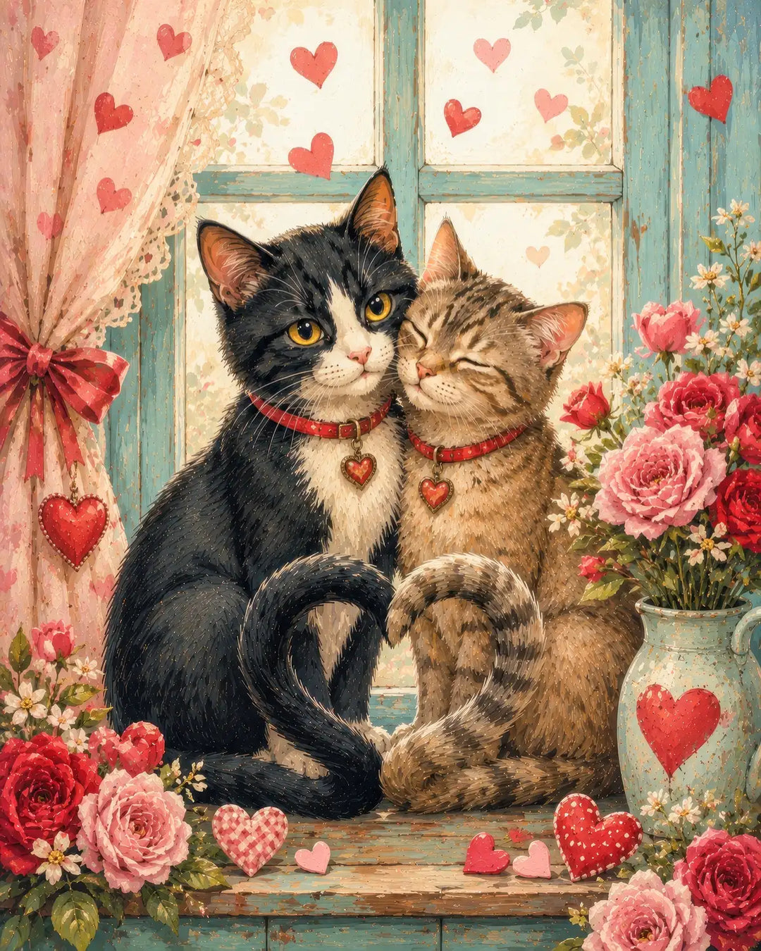 Curled Up in Love diamond painting kit - two cats cuddled together with hearts and roses