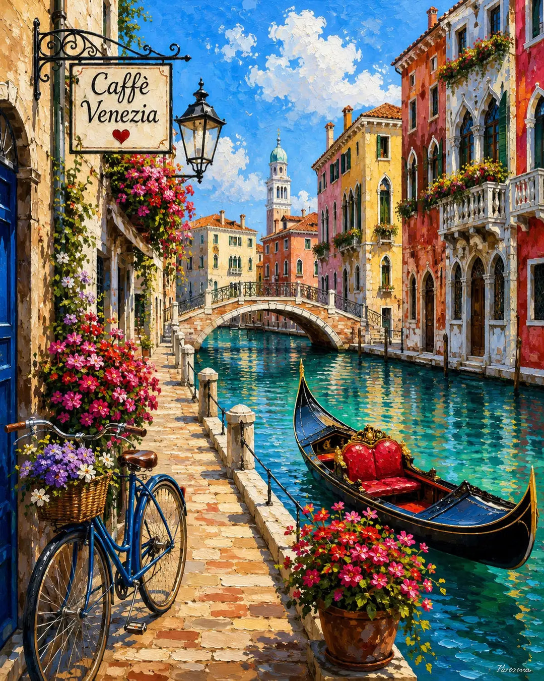 Venetian Canal Afternoon diamond painting kit - gondola on a Venice canal beside a flower-covered café