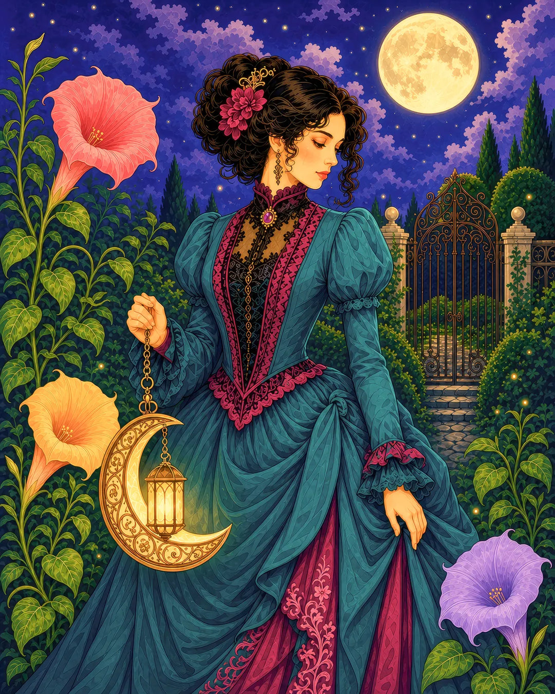The Garden at Midnight diamond painting kit - Victorian woman with a moon lantern in a garden of datura blooms