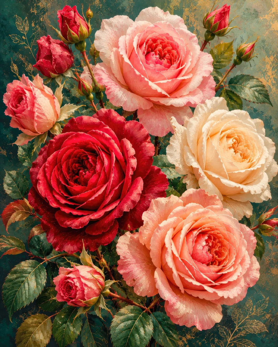 Vintage roses diamond painting kit featuring red, pink, and ivory roses on a teal and gold background