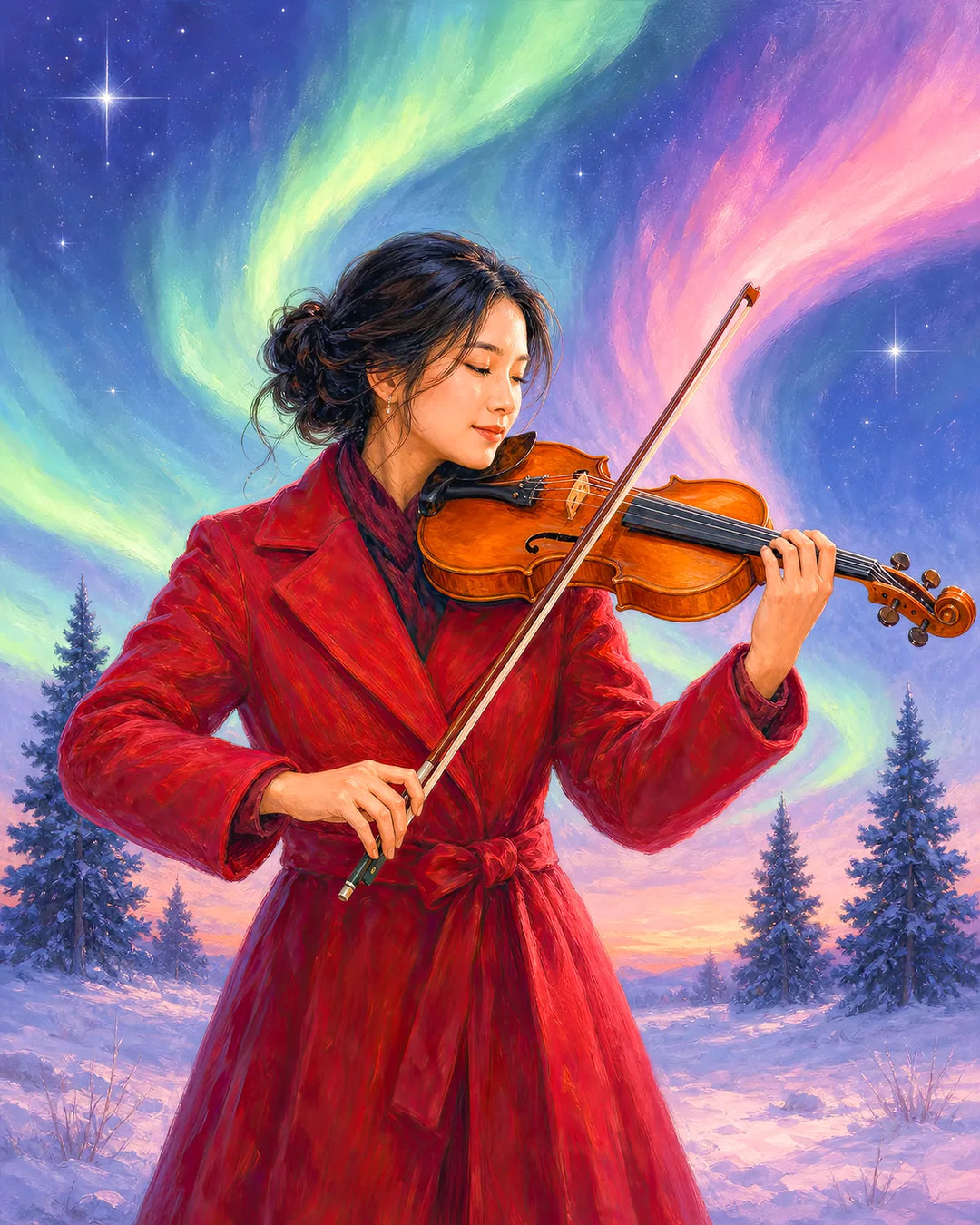 Song of the Northern Sky diamond painting kit - violinist playing beneath the aurora borealis
