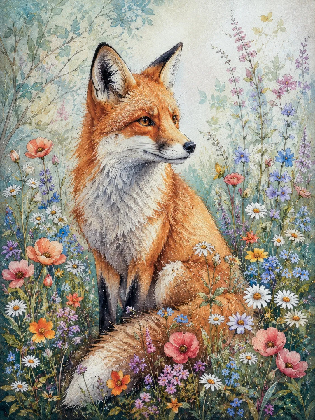 Wildflower fox diamond painting kit featuring a red fox sitting among daisies, poppies, and pastel wildflowers