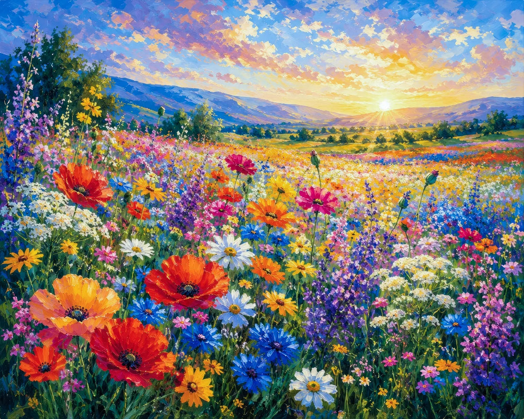 Wildflower meadow diamond painting kit featuring poppies and daisies in a field at sunset