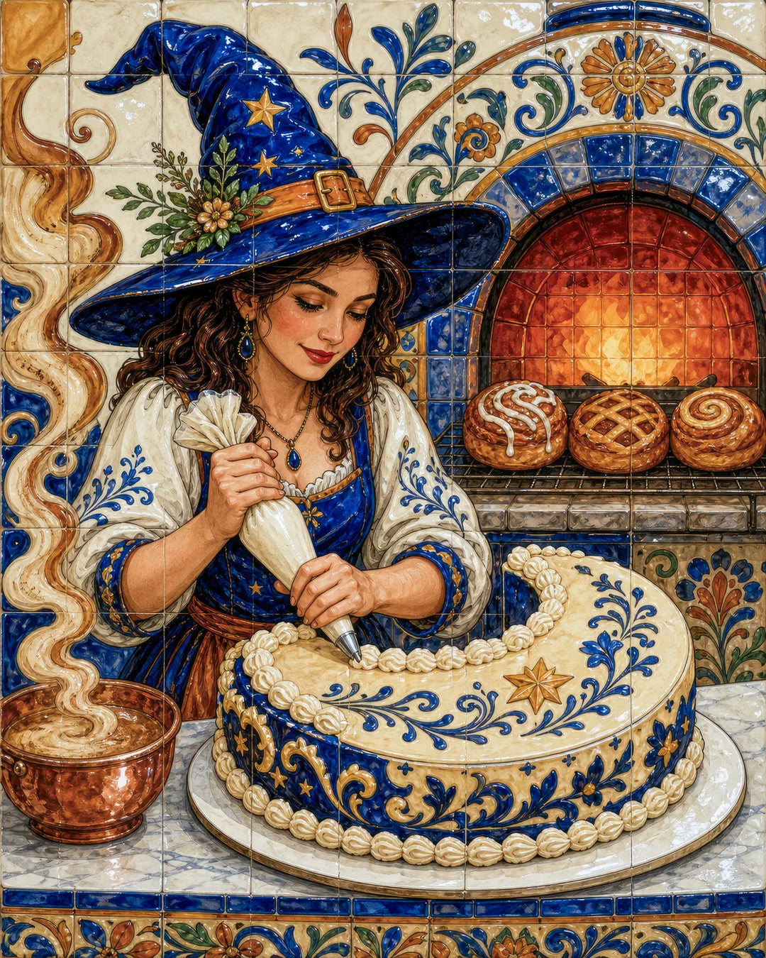 The Baker's Spell diamond painting kit - witch icing a cake in a blue and gold tiled bakery