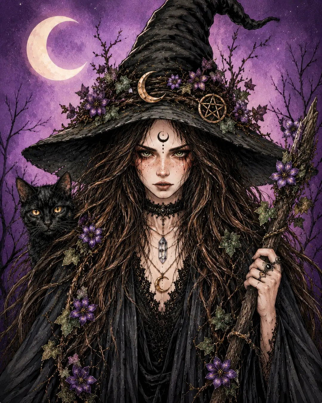 Witch's Familiar diamond painting kit - witch portrait with black cat companion under a violet moonlit sky