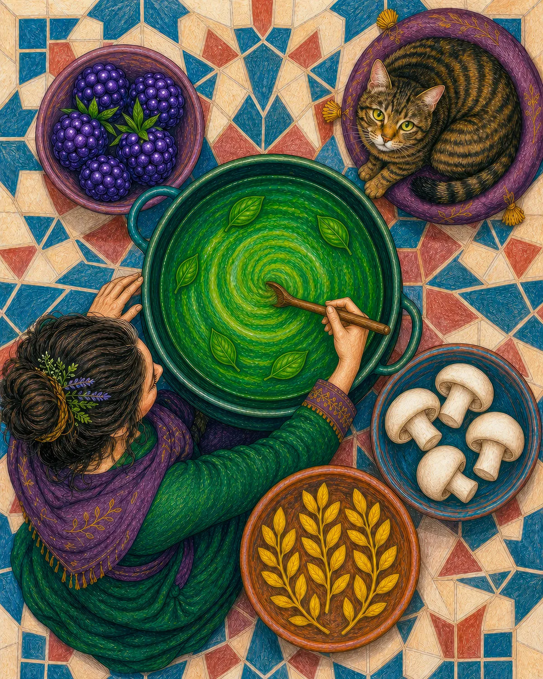 A Pinch of Something Wild diamond painting kit - top-down view of a witch stirring a cauldron beside her cat