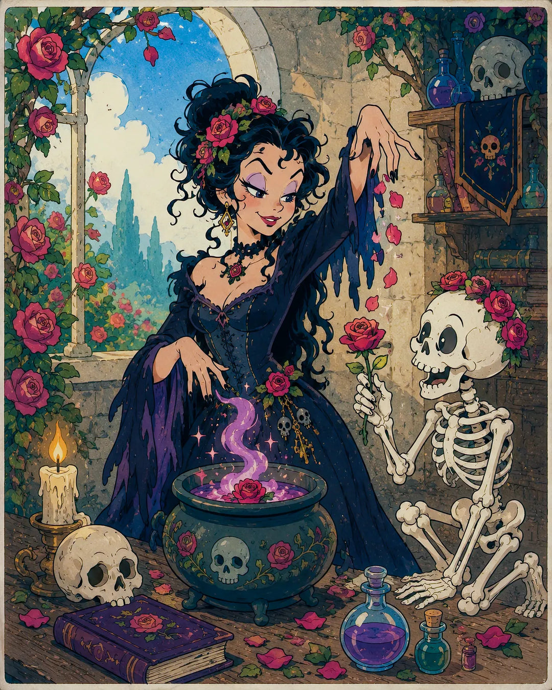 Old Friends, New Spells diamond painting kit - playful witch sharing a rose with a skeleton companion among roses