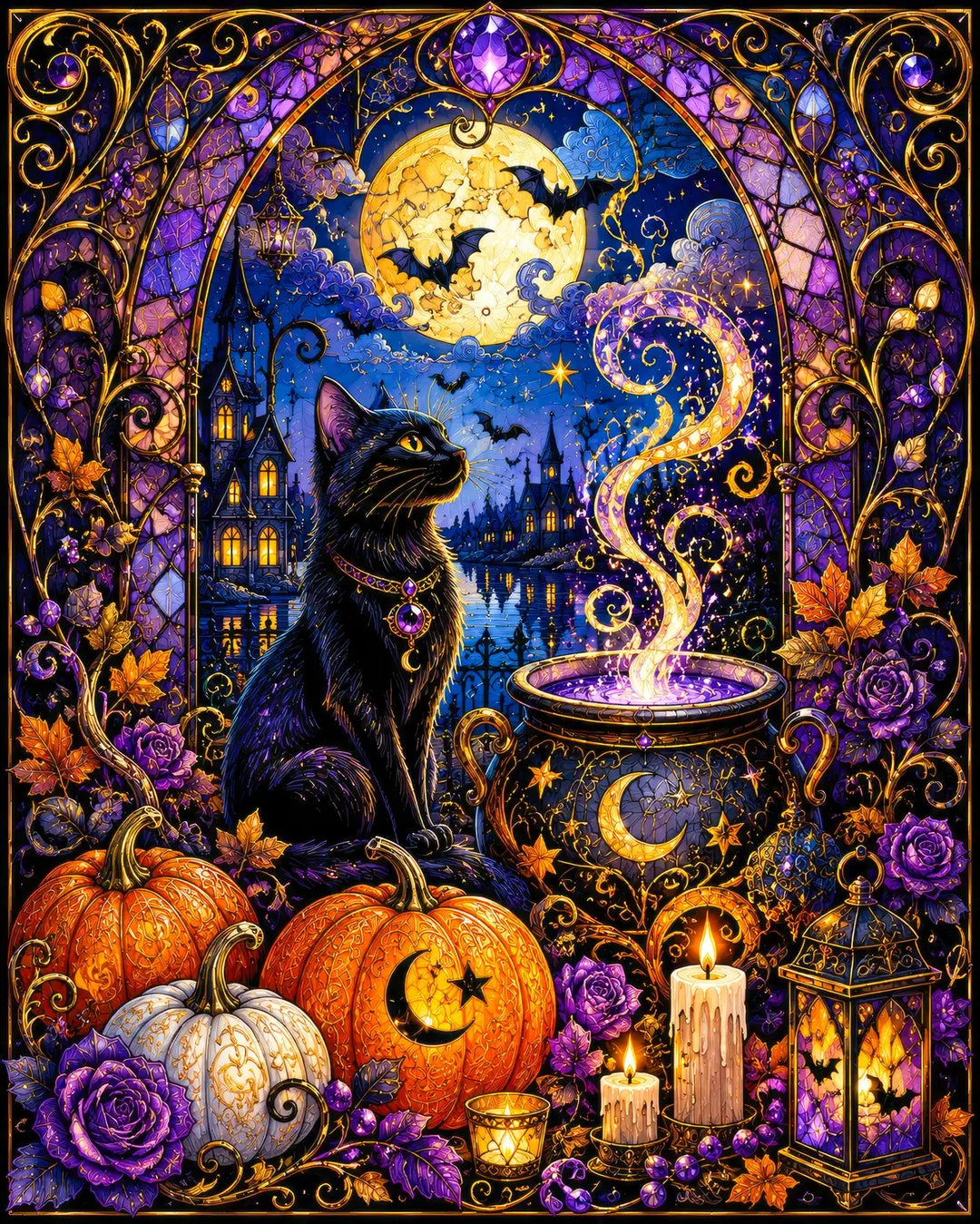Witching Hour diamond painting kit featuring an ornate black cat with a cauldron, full moon, bats, and pumpkins