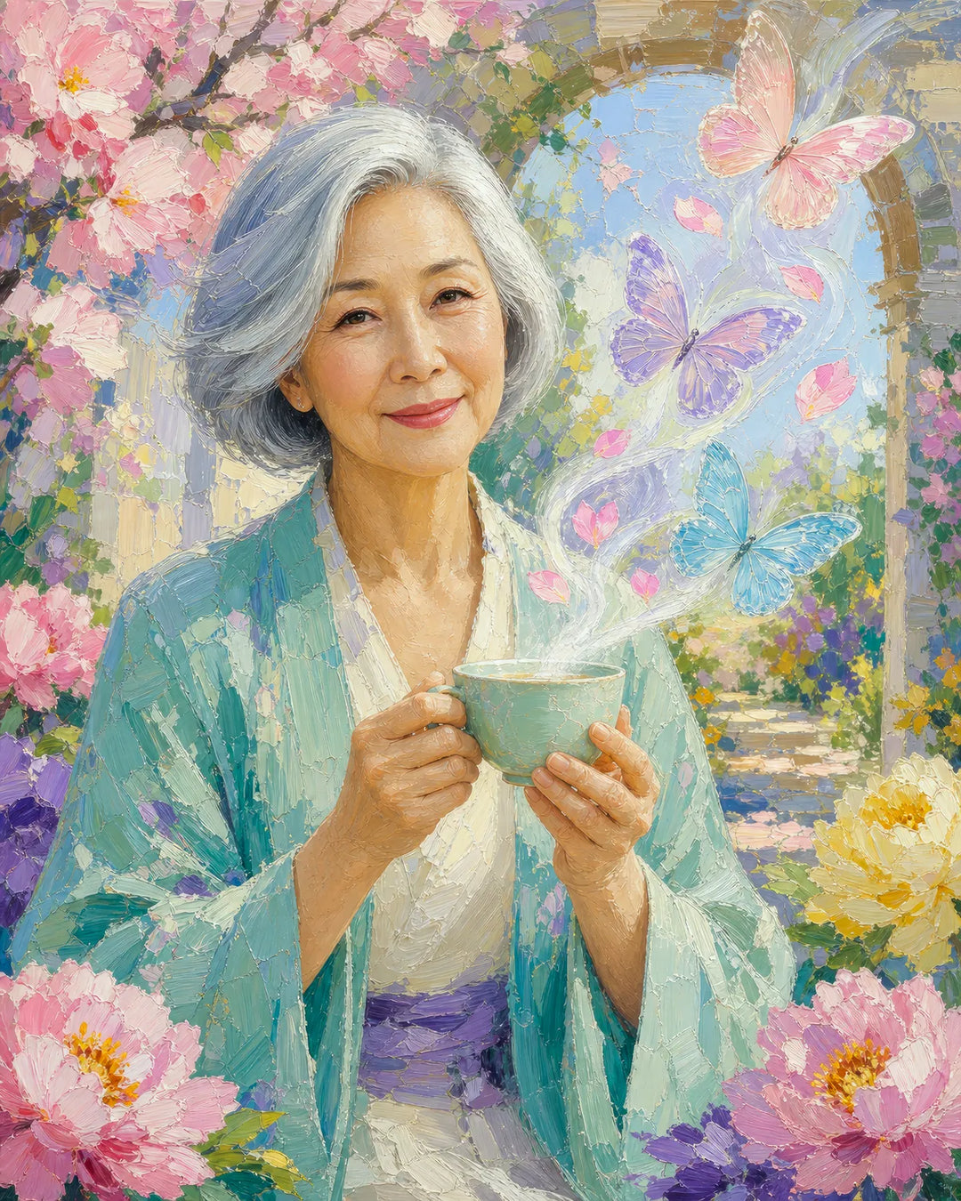 Steeped in Springtime diamond painting kit - woman with tea and butterflies in a blooming garden