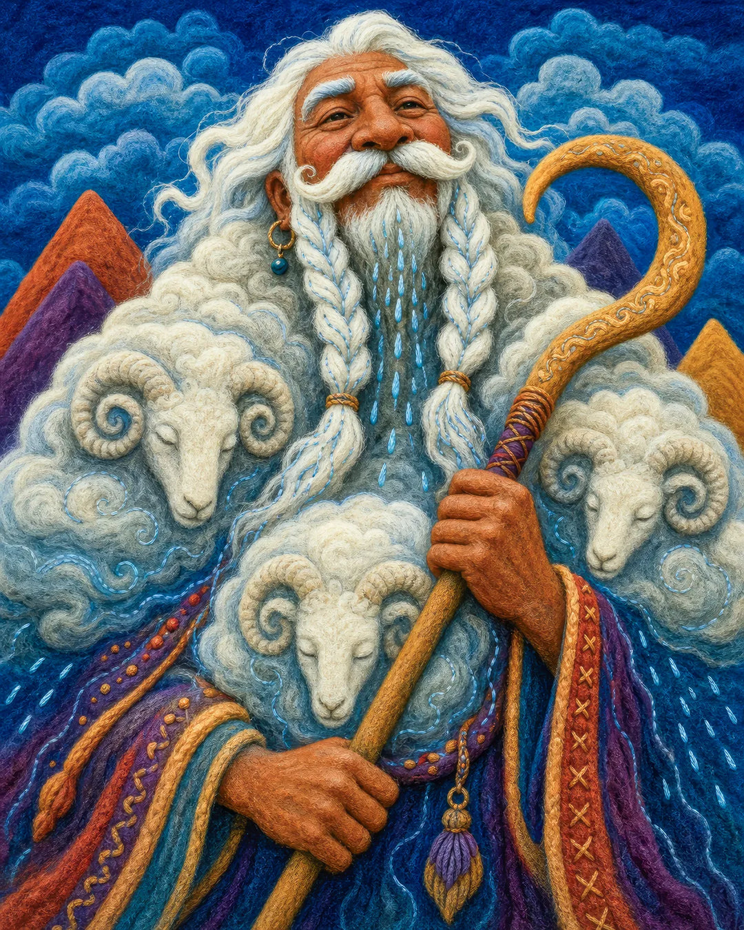 Shepherd of the Storm Clouds diamond painting kit - elder wrapped in wool clouds with curled rams