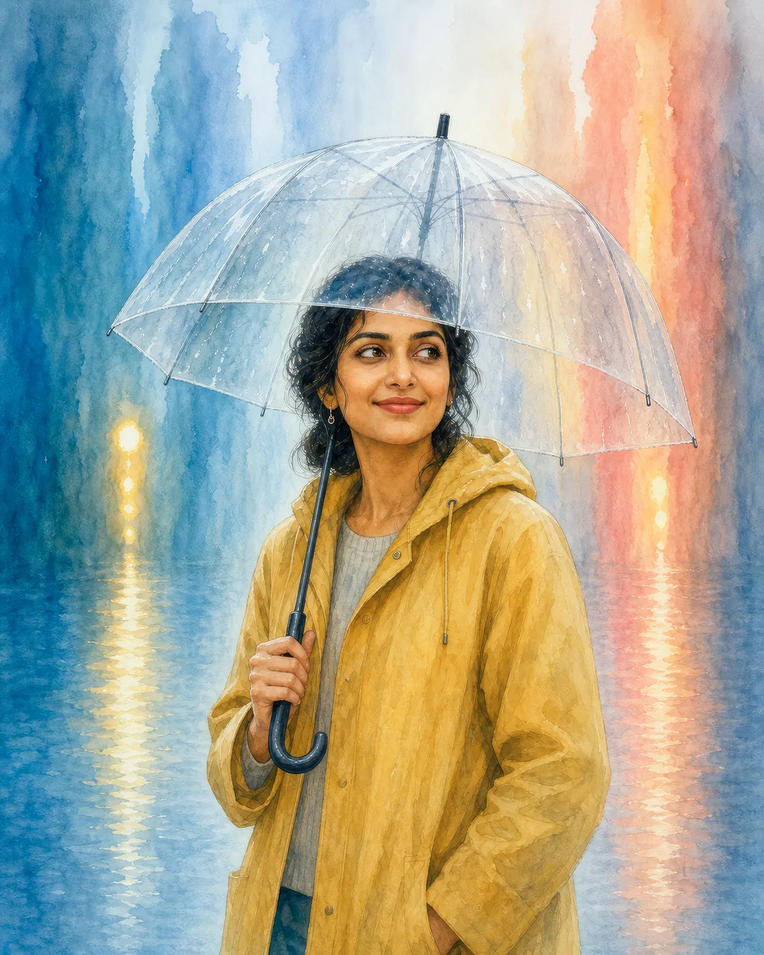 A Quiet Kind of Sunshine diamond painting kit - woman with a clear umbrella in the rain